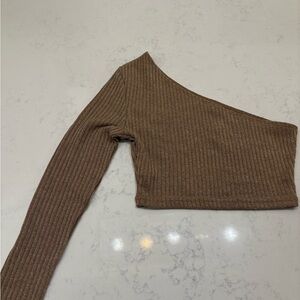 One-Shoulder Ribbed Knit Crop Top-Chocolate brown